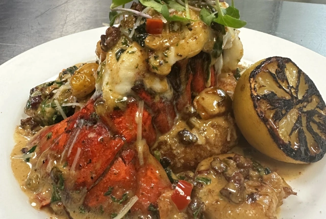 Broiled lobster with creole shrimp & deep fried grits