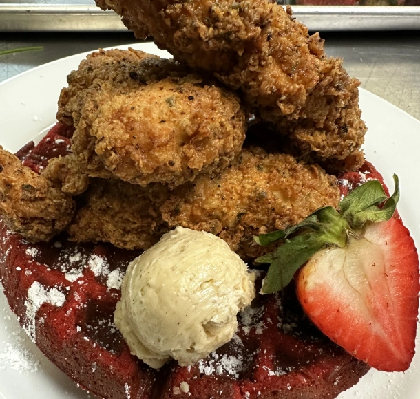 Red Velvet Waffles and Deep Fried Chicken Tenders with Cream Butter